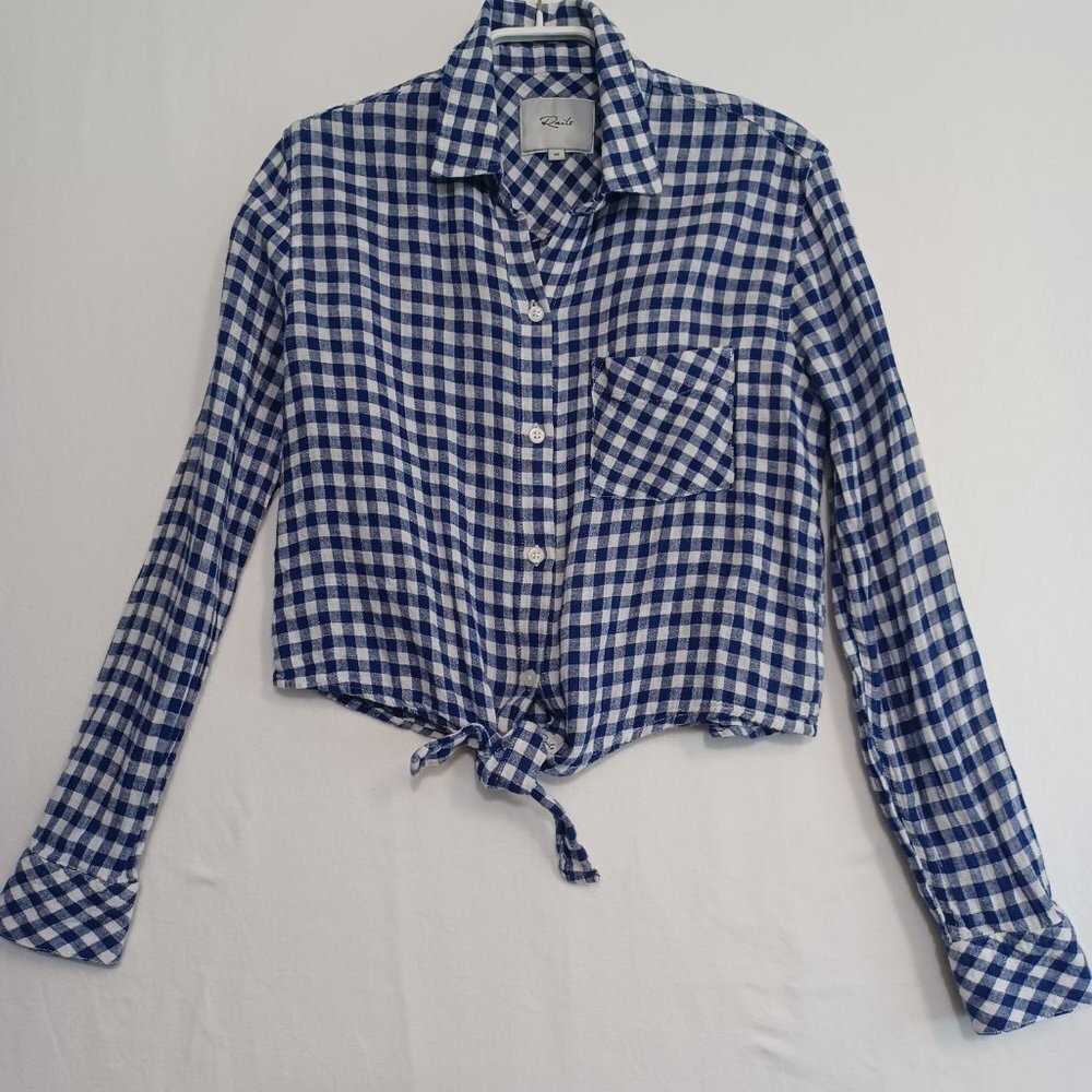 Rails Womens Blue White Gingham Tie Front Button Down Shirt XS Cropped Long Slv - Picture 6 of 12
